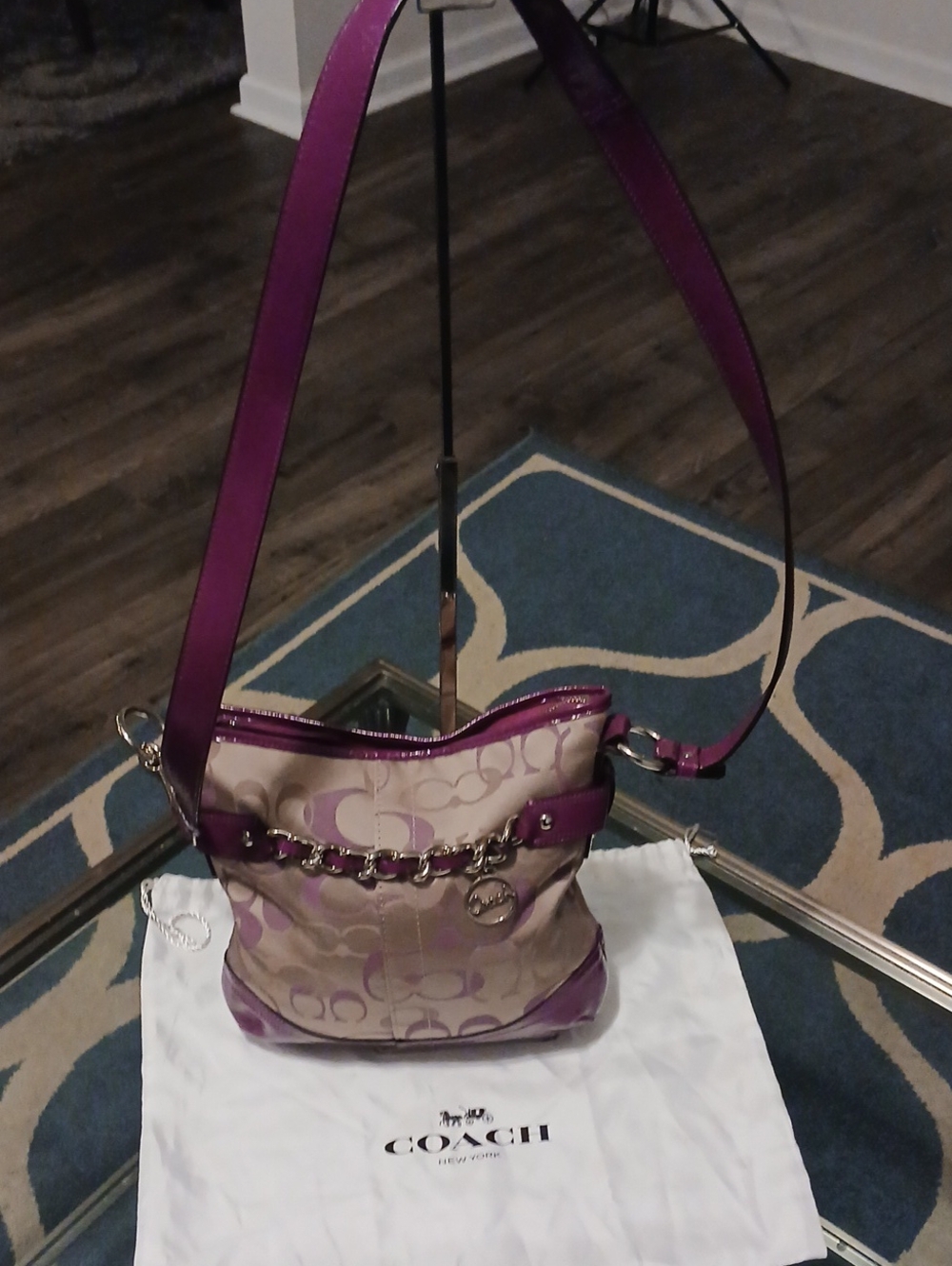 Coach Beige Signature Canvas Crossbody with Fushia Patent Leather Trim